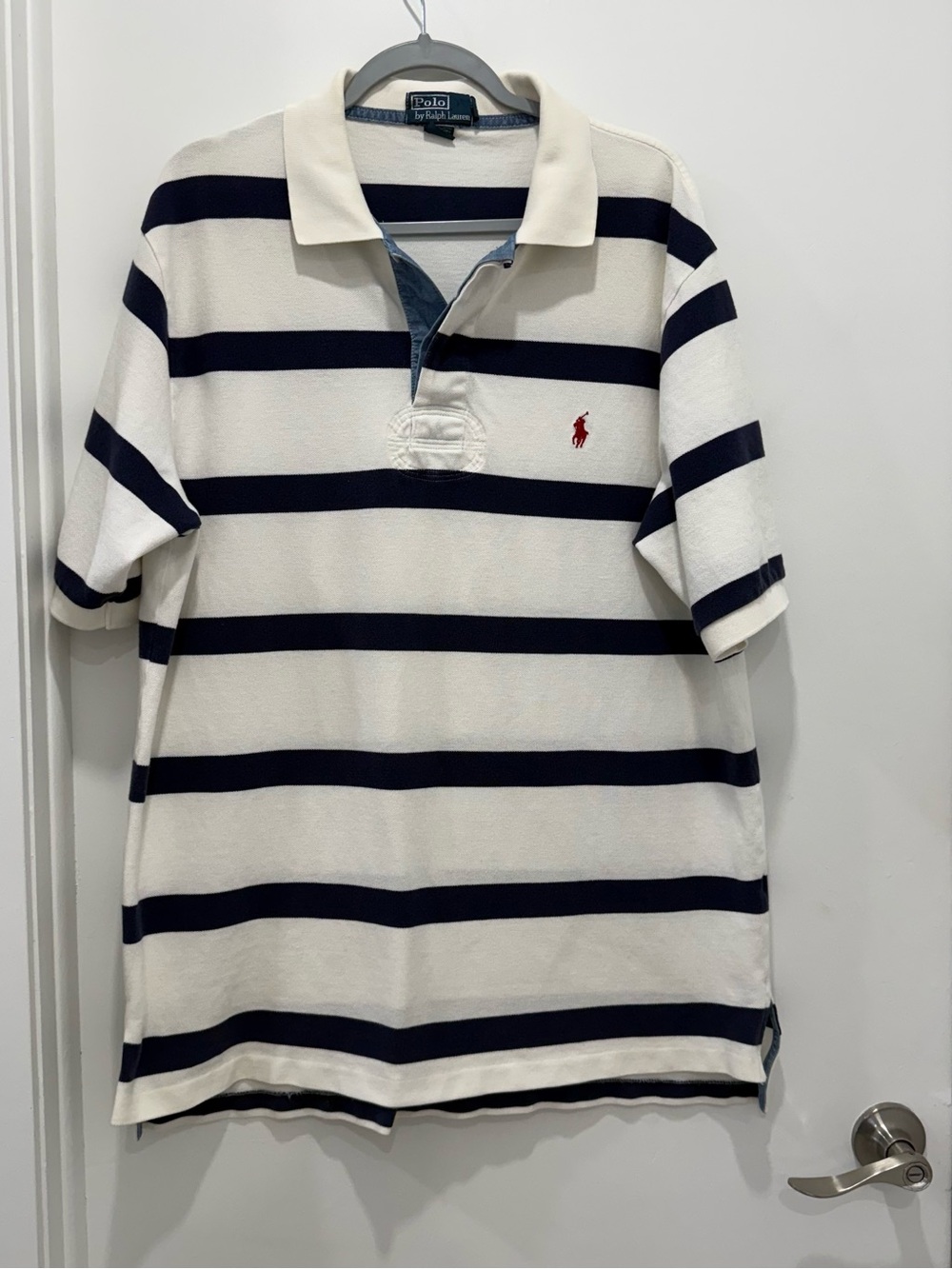 Vintage Polo Ralph Lauren Rugby Shirt Mens LT Navy Cream Striped Cotton